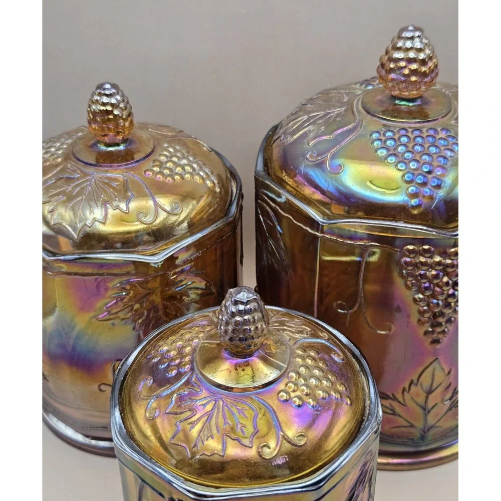 Vintage Carnival Glass Marigold Harvest Grape Canisters BX